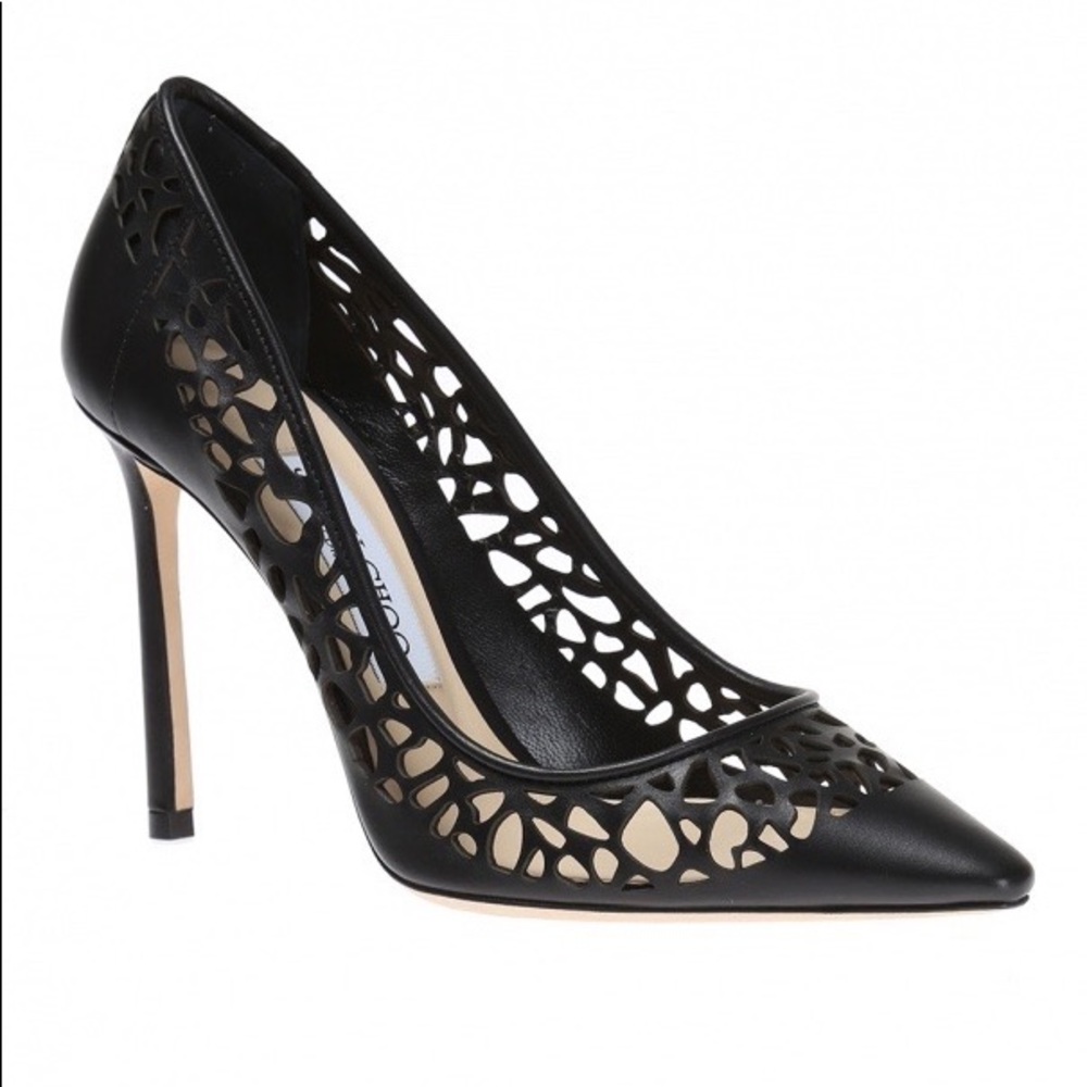 Jimmy Choo - Romy Black Leather Laser Cut Pumps